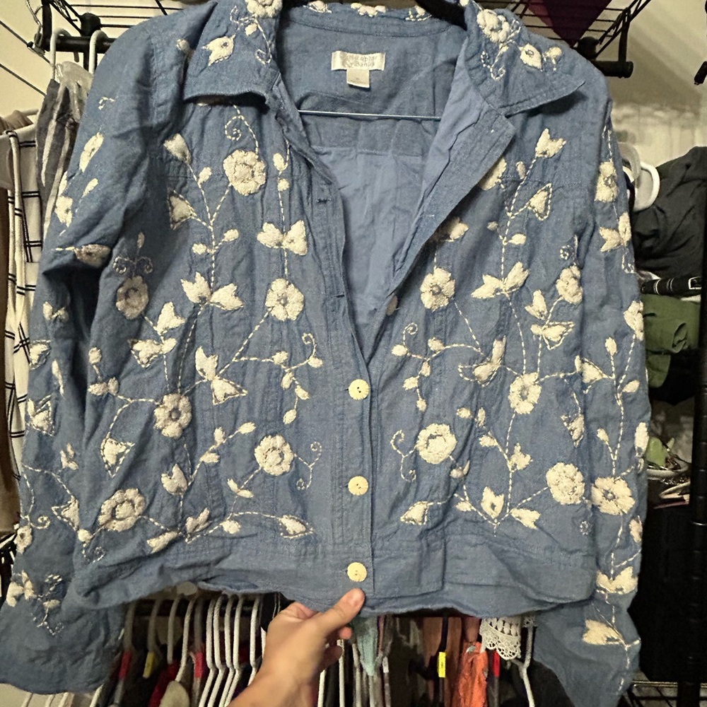 Christopher & Banks Denim Blue Top with Cream Embroidery